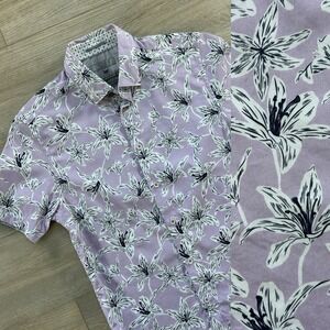 Ted Baker Shirt Men 2 Purple Black Floral Print Short Sleeve Slim Fit Button Up